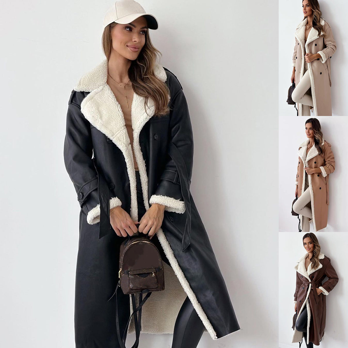 Women’s double-breasted winter trench coat with belt and lapel.