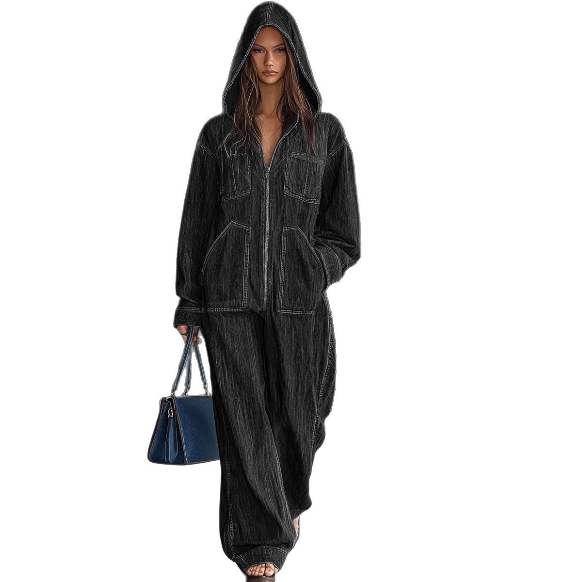 Women’s hooded denim jumpsuit.