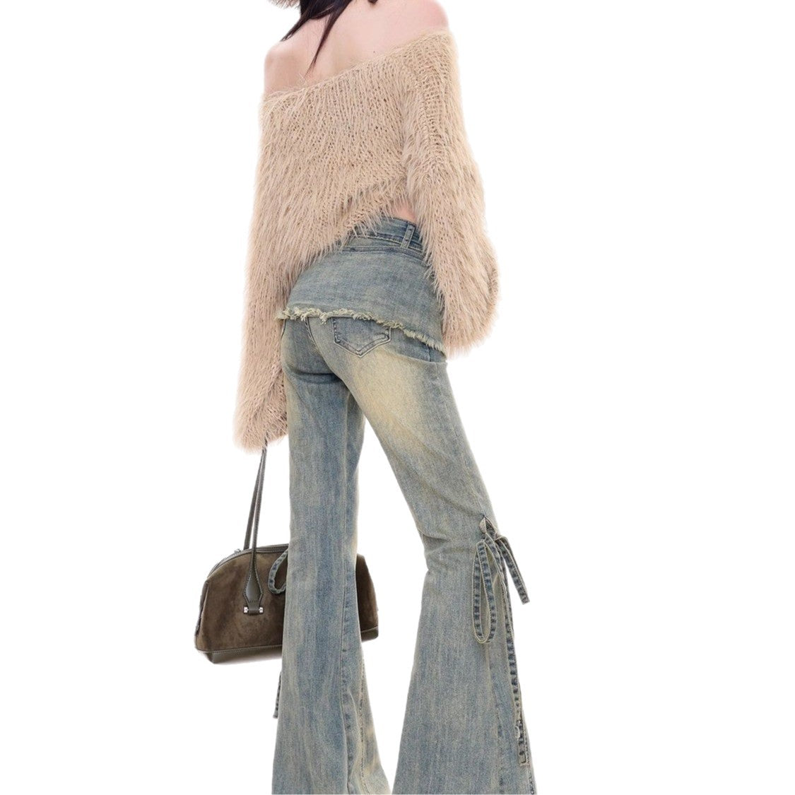Retro-style distressed party jeans for women with a layered look.