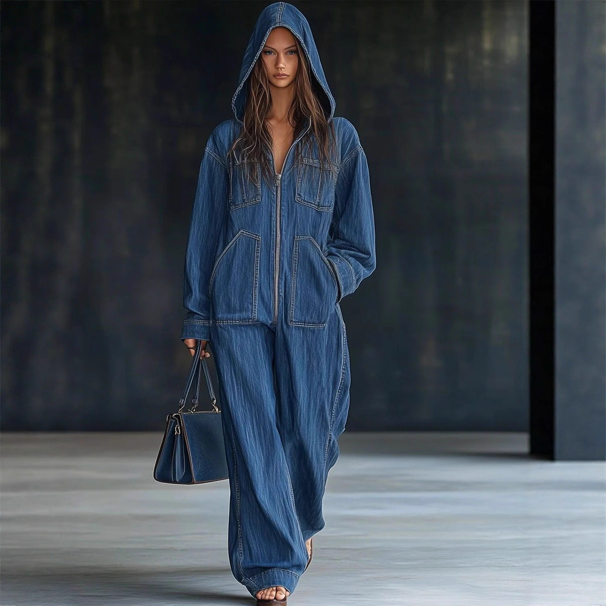 Women’s hooded denim jumpsuit.