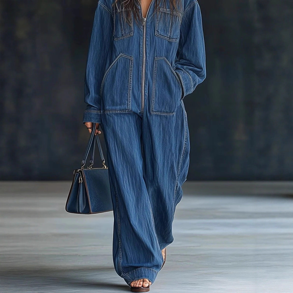 Women’s hooded denim jumpsuit.
